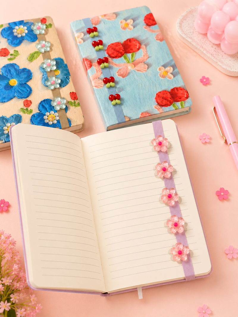 3D Floral Diary Notebook with Elastic Band | Premium A5 Journal | Cute Pastel Gift Notebook for Girls, Students & Office