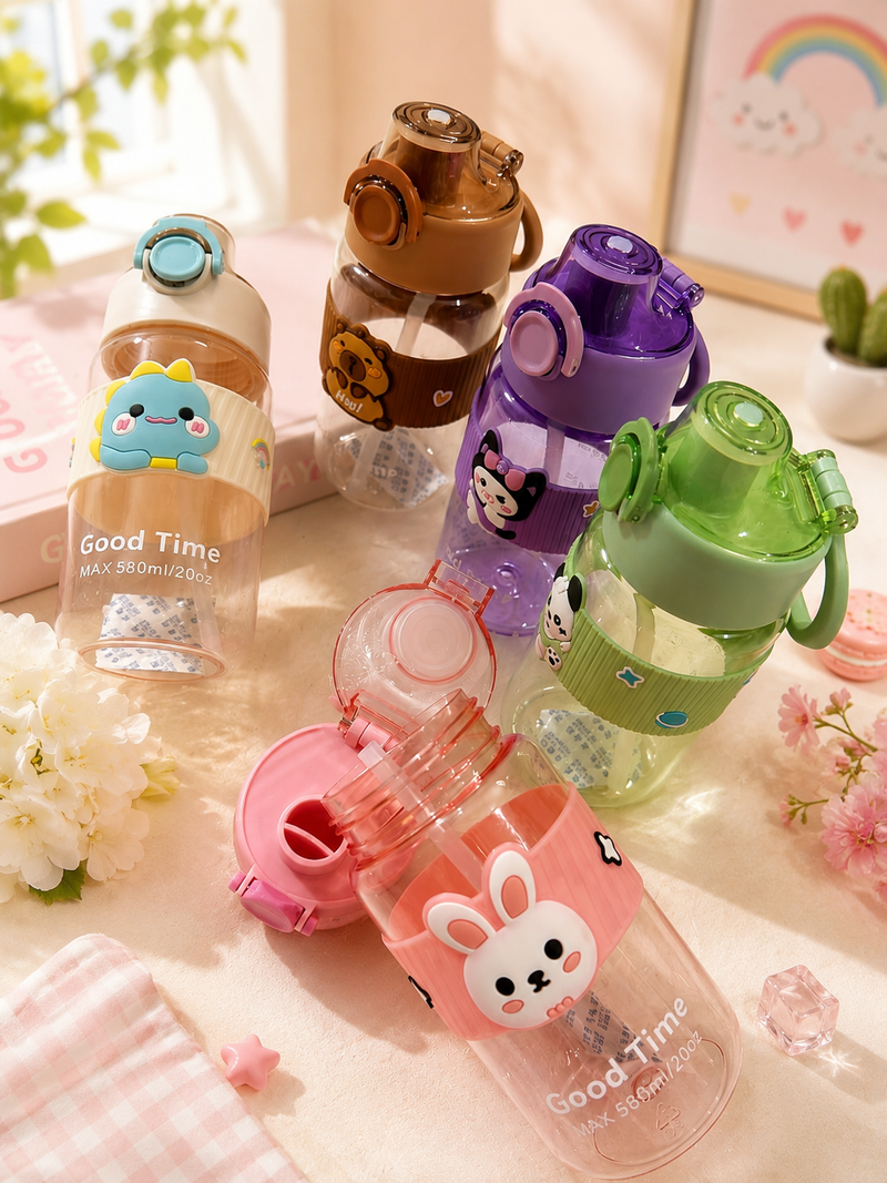 Cute Cartoon Kids Water Bottle 580ml | Leakproof Flip Lid Sipper Bottle with Straw & Carry Strap | BPA Free School Water Bottle