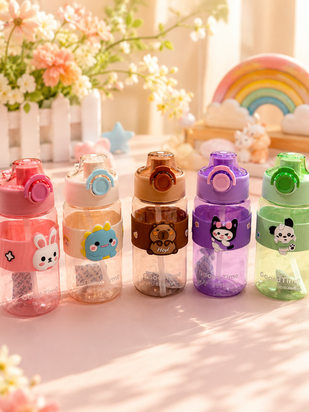 Cute Cartoon Kids Water Bottle 580ml | Leakproof Flip Lid Sipper Bottle with Straw & Carry Strap | BPA Free School Water Bottle