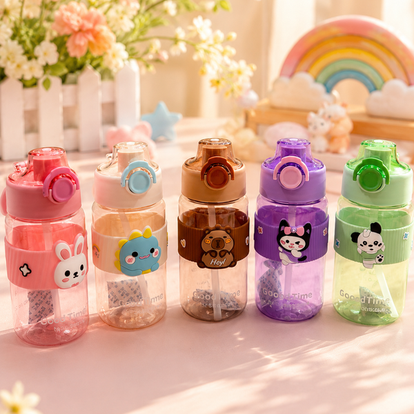 Cute Cartoon Kids Water Bottle 580ml | Leakproof Flip Lid Sipper Bottle with Straw & Carry Strap | BPA Free School Water Bottle