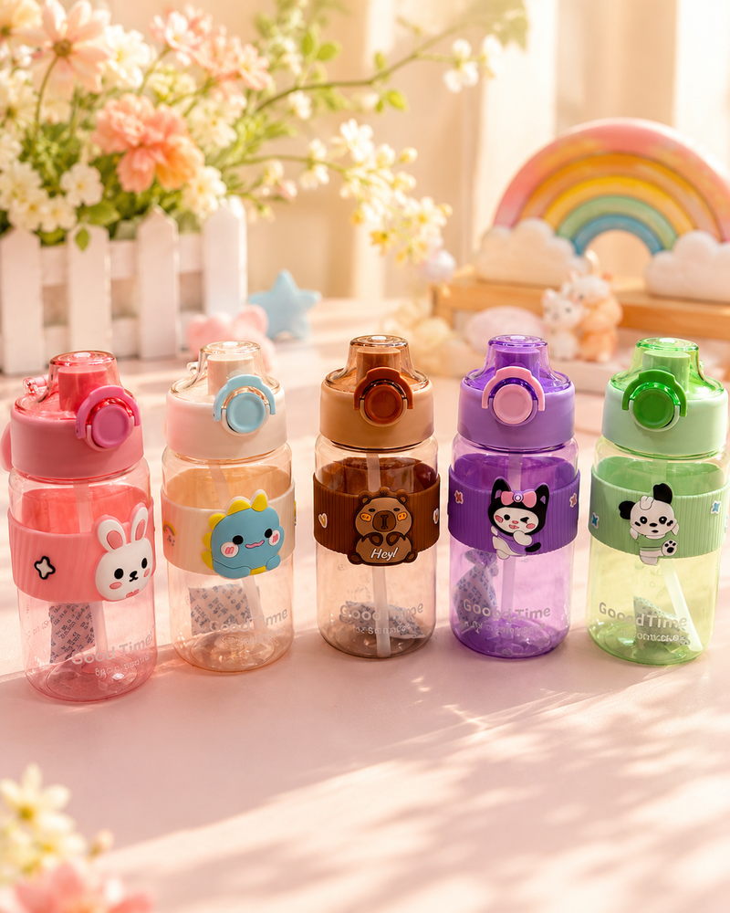 Cute Cartoon Kids Water Bottle 580ml | Leakproof Flip Lid Sipper Bottle with Straw & Carry Strap | BPA Free School Water Bottle