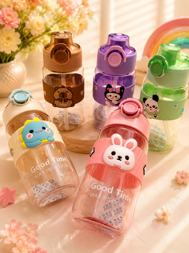 Cute Cartoon Kids Water Bottle 580ml | Leakproof Flip Lid Sipper Bottle with Straw & Carry Strap | BPA Free School Water Bottle