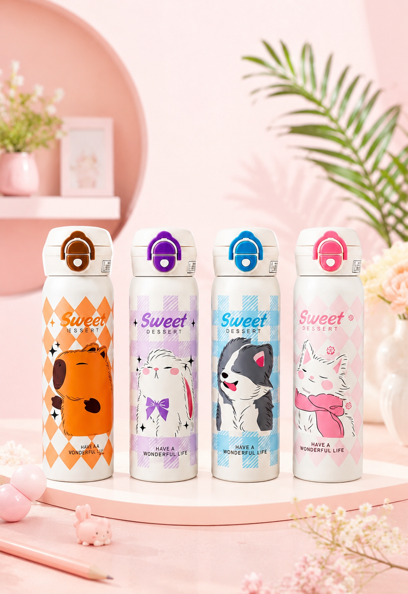 Cute Cartoon Animal Stainless Steel Insulated Water Bottle for Kids | Leakproof School Bottle | Hot & Cold Flask