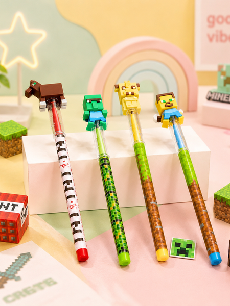 Minecraft Theme Cartoon Pencil for Kids | 3D Character HB Wooden Pencils | Cute School Stationery