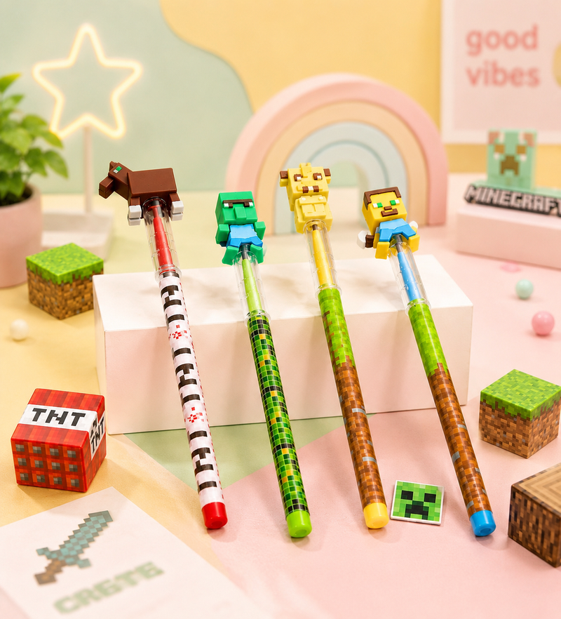 Minecraft Theme Cartoon Pencil for Kids | 3D Character HB Wooden Pencils | Cute School Stationery