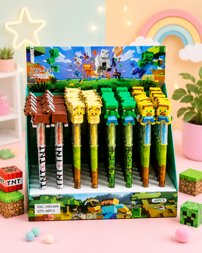 Minecraft Theme Cartoon Pencil for Kids | 3D Character HB Wooden Pencils | Cute School Stationery
