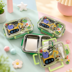 Kids Stainless Steel Lunch Box with Spoon | 2 Compartment Leakproof Bento Tiffin Box | Cartoon Construction Vehicle Lunch Box for Boys & Girls