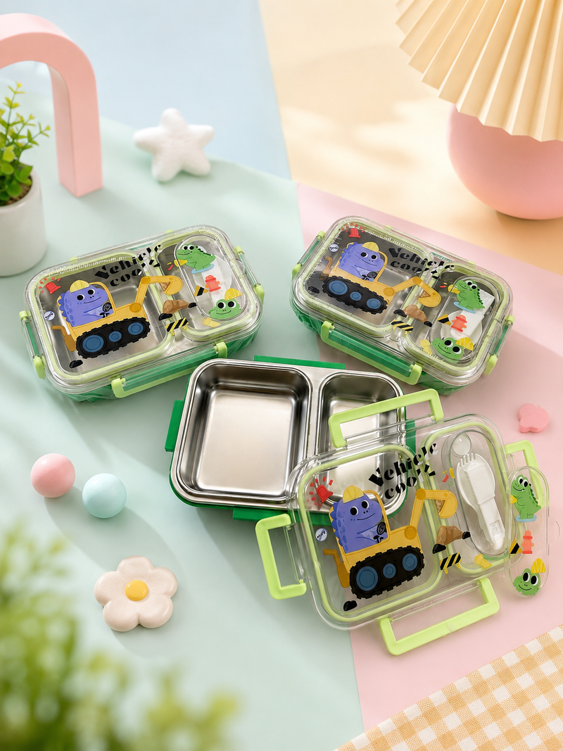 Kids Stainless Steel Lunch Box with Spoon | 2 Compartment Leakproof Bento Tiffin Box | Cartoon Construction Vehicle Lunch Box for Boys & Girls