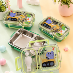 Kids Stainless Steel Lunch Box with Spoon | 2 Compartment Leakproof Bento Tiffin Box | Cartoon Construction Vehicle Lunch Box for Boys & Girls
