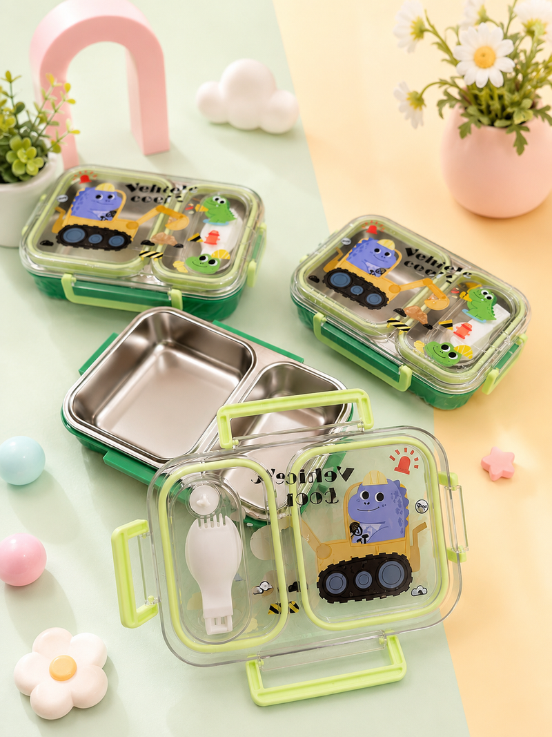 Kids Stainless Steel Lunch Box with Spoon | 2 Compartment Leakproof Bento Tiffin Box | Cartoon Construction Vehicle Lunch Box for Boys & Girls