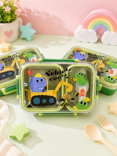 Kids Stainless Steel Lunch Box with Spoon | 2 Compartment Leakproof Bento Tiffin Box | Cartoon Construction Vehicle Lunch Box for Boys & Girls