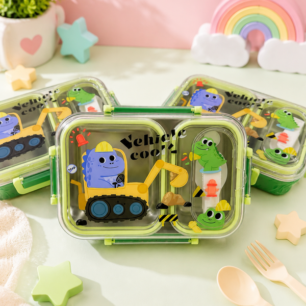 Kids Stainless Steel Lunch Box with Spoon | 2 Compartment Leakproof Bento Tiffin Box | Cartoon Construction Vehicle Lunch Box for Boys & Girls