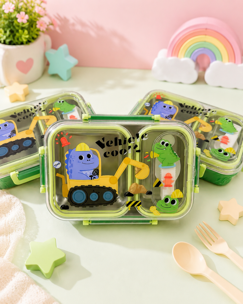 Kids Stainless Steel Lunch Box with Spoon | 2 Compartment Leakproof Bento Tiffin Box | Cartoon Construction Vehicle Lunch Box for Boys & Girls