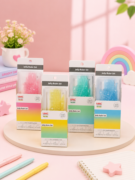 Pastel Jelly Geometry Ruler Set 4 Pcs | 15cm Transparent Scale, Protractor & Triangle Rulers for School Students