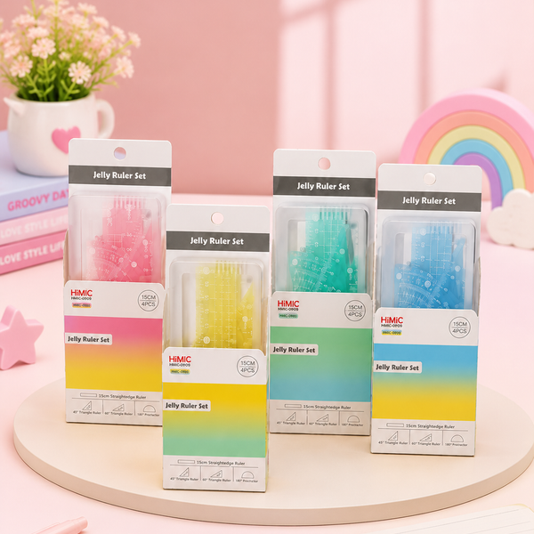 Pastel Jelly Geometry Ruler Set 4 Pcs | 15cm Transparent Scale, Protractor & Triangle Rulers for School Students