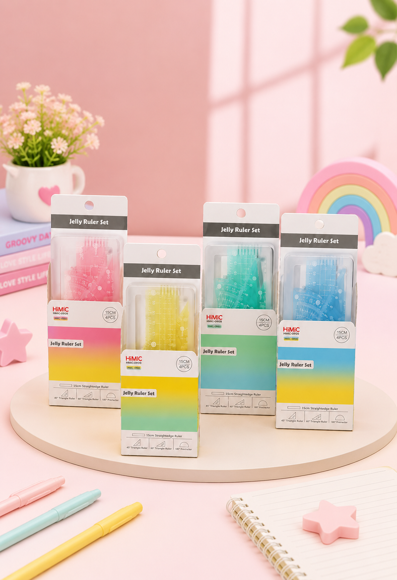 Pastel Jelly Geometry Ruler Set 4 Pcs | 15cm Transparent Scale, Protractor & Triangle Rulers for School Students
