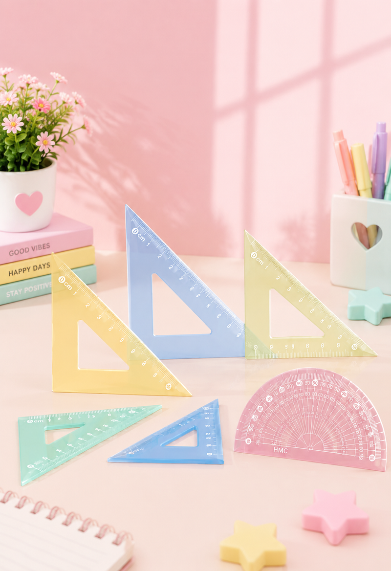 Pastel Jelly Geometry Ruler Set 4 Pcs | 15cm Transparent Scale, Protractor & Triangle Rulers for School Students