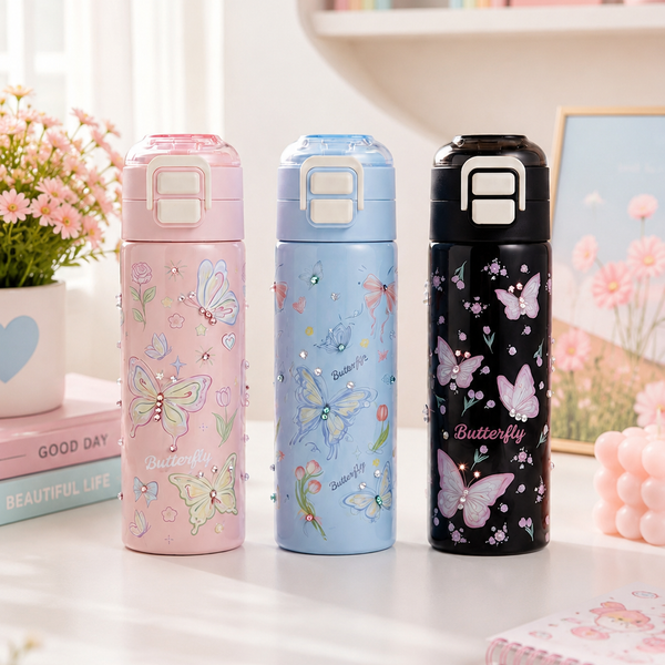 Butterfly Print Stainless Steel Insulated Water Bottle for Kids | Leakproof Vacuum Flask (500ml)