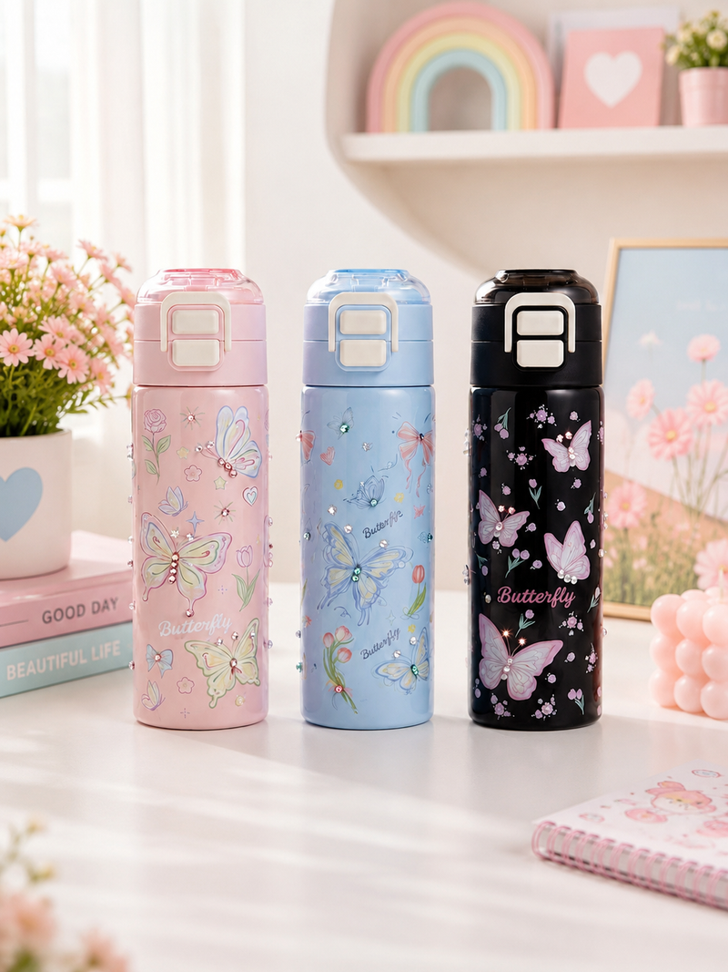 Butterfly Print Stainless Steel Insulated Water Bottle for Kids | Leakproof Vacuum Flask (500ml)