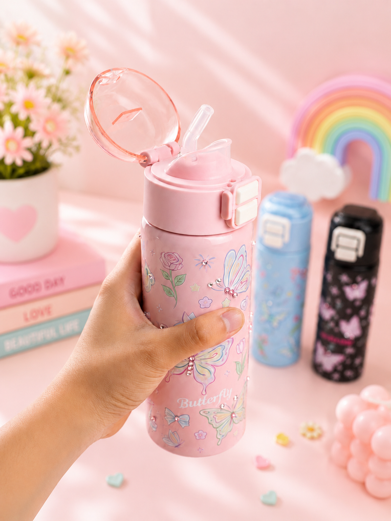 Butterfly Print Stainless Steel Insulated Water Bottle for Kids | Leakproof Vacuum Flask (500ml)