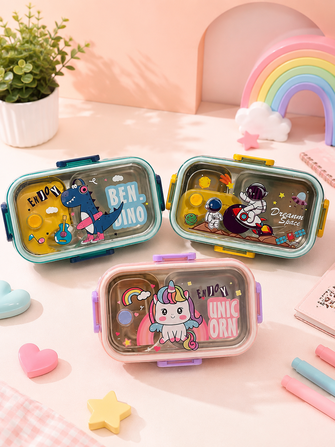 3 Compartment Stainless Steel Kids Lunch Box with Spoon – Leakproof Bento Tiffin Box