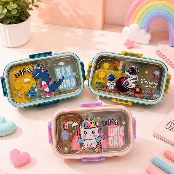 3 Compartment Stainless Steel Kids Lunch Box with Spoon – Leakproof Bento Tiffin Box