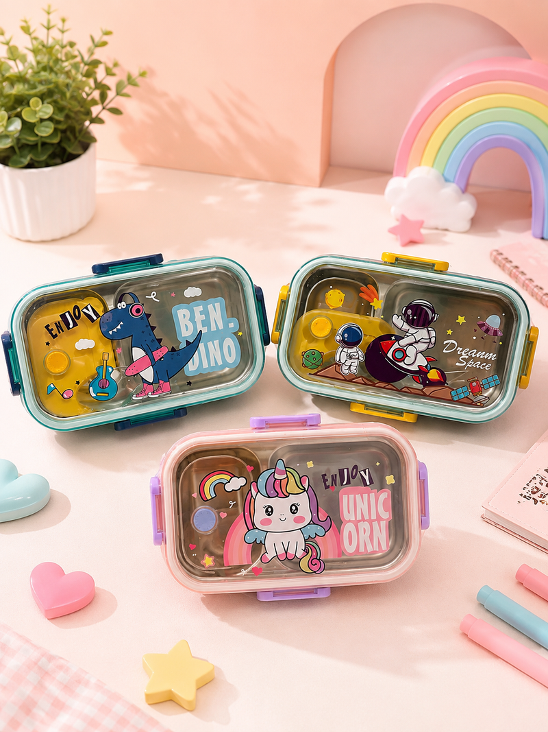 3 Compartment Stainless Steel Kids Lunch Box with Spoon – Leakproof Bento Tiffin Box
