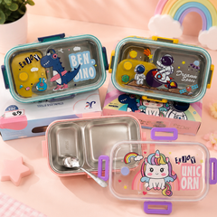 3 Compartment Stainless Steel Kids Lunch Box with Spoon – Leakproof Bento Tiffin Box