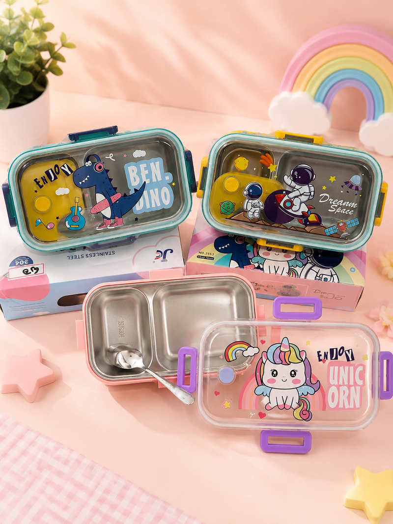 3 Compartment Stainless Steel Kids Lunch Box with Spoon – Leakproof Bento Tiffin Box