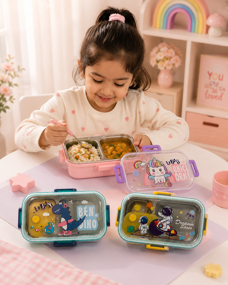 3 Compartment Stainless Steel Kids Lunch Box with Spoon – Leakproof Bento Tiffin Box