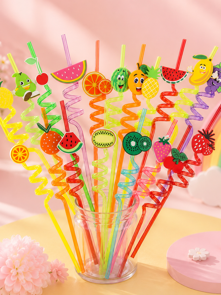 Cute Fruit & Cartoon Spiral Reusable Drinking Straws for Kids