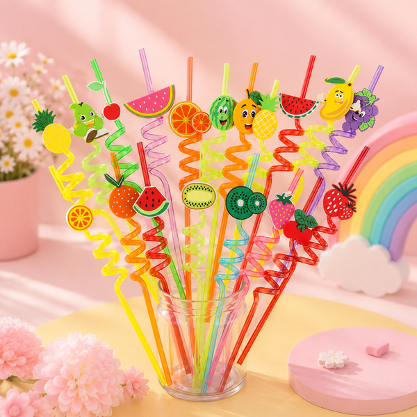Cute Fruit & Cartoon Spiral Reusable Drinking Straws for Kids
