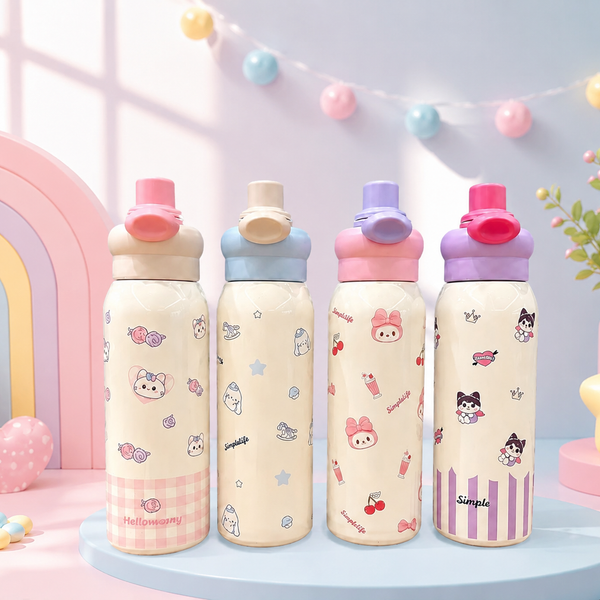 Cute Cartoon Kids Stainless Steel Water Bottle with One-Touch Flip Lid