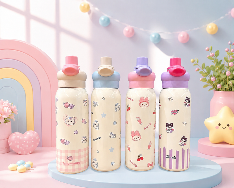 Cute Cartoon Kids Stainless Steel Water Bottle with One-Touch Flip Lid