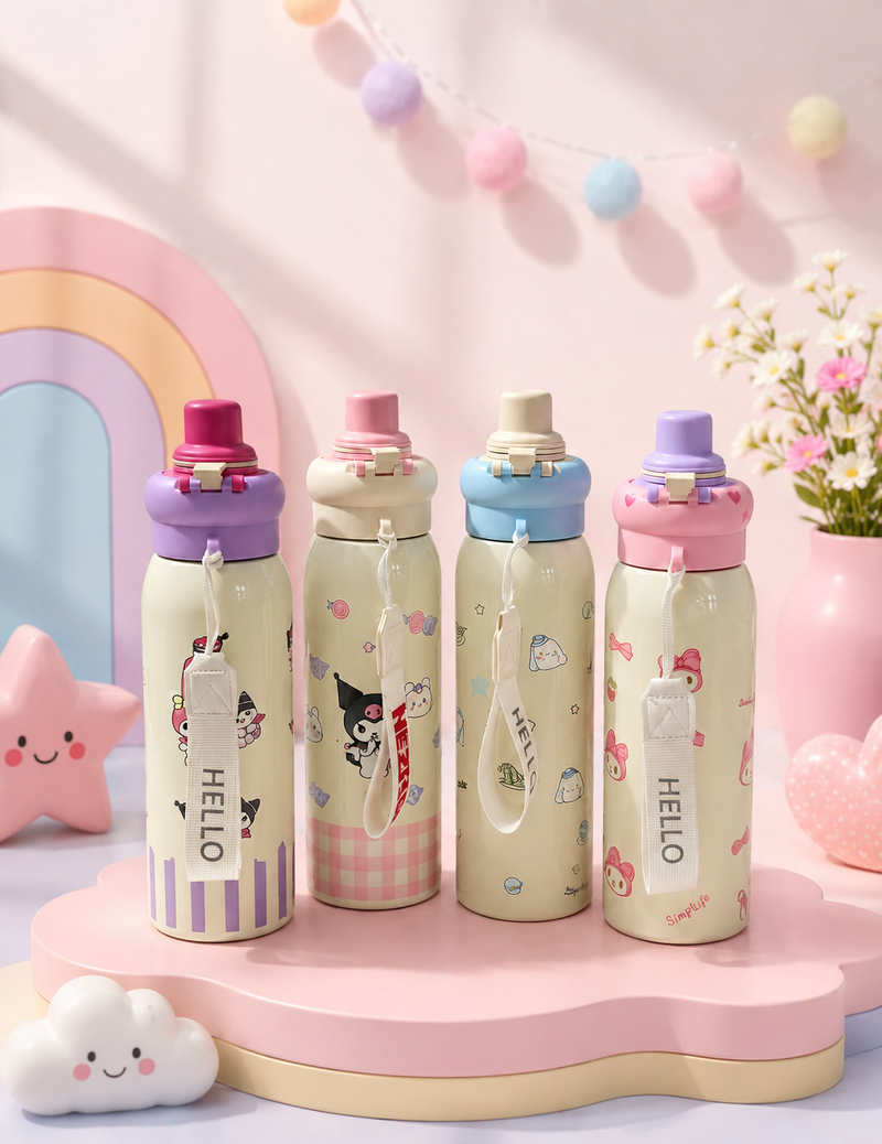 Cute Cartoon Kids Stainless Steel Water Bottle with One-Touch Flip Lid