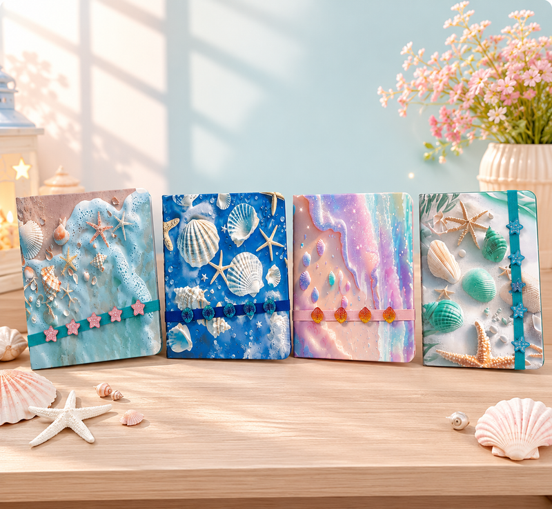 Cute Ocean Theme A5 Diary Notebook with Elastic Band | Hardcover Journal for School, Office & Personal Writing