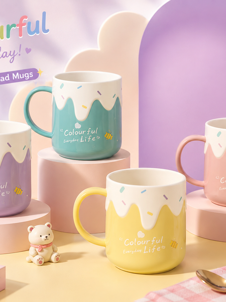Cute Colourful Everyday Life Ceramic Coffee Mug | Pastel Ice Cream Design Tea Cup | Kids & Adults | 350ml