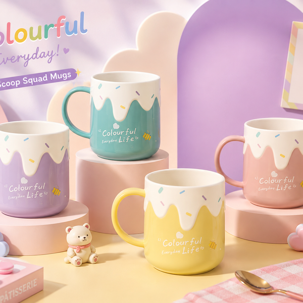 Cute Colourful Everyday Life Ceramic Coffee Mug | Pastel Ice Cream Design Tea Cup | Kids & Adults | 350ml