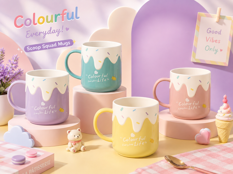 Cute Colourful Everyday Life Ceramic Coffee Mug | Pastel Ice Cream Design Tea Cup | Kids & Adults | 350ml