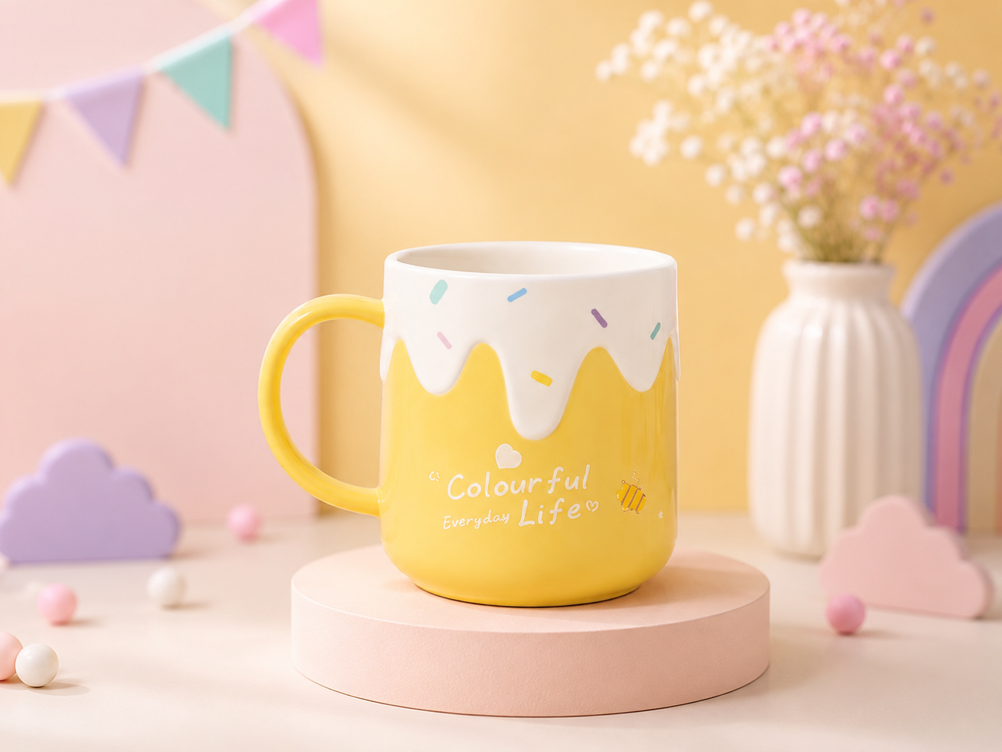 Cute Colourful Everyday Life Ceramic Coffee Mug | Pastel Ice Cream Design Tea Cup | Kids & Adults | 350ml