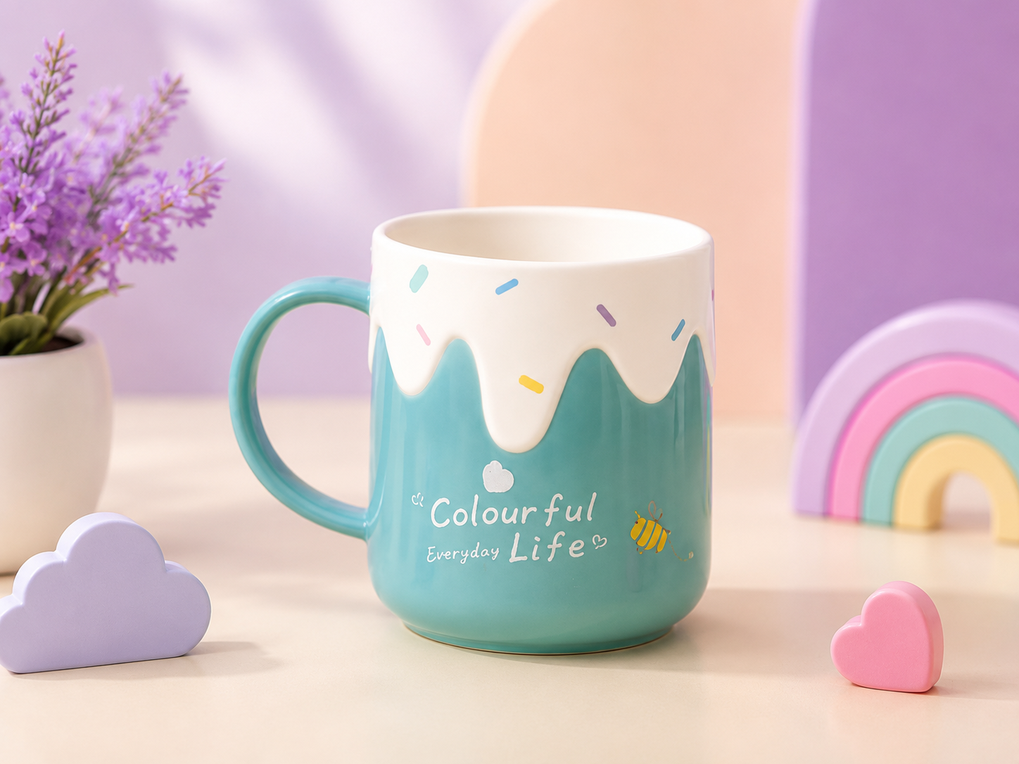 Cute Colourful Everyday Life Ceramic Coffee Mug | Pastel Ice Cream Design Tea Cup | Kids & Adults | 350ml