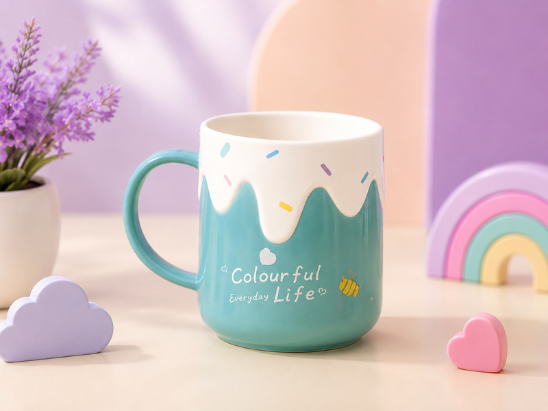Cute Colourful Everyday Life Ceramic Coffee Mug | Pastel Ice Cream Design Tea Cup | Kids & Adults | 350ml