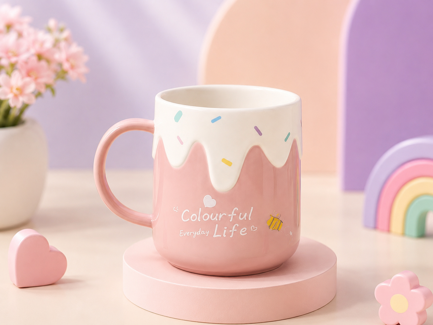 Cute Colourful Everyday Life Ceramic Coffee Mug | Pastel Ice Cream Design Tea Cup | Kids & Adults | 350ml