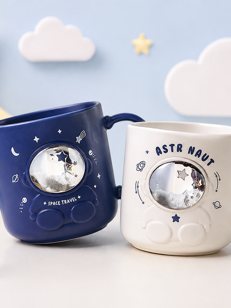 Cute Astronaut Space Theme Ceramic Mug for Kids | 3D Galaxy Coffee, Milk & Hot Chocolate Cup | Blue & White