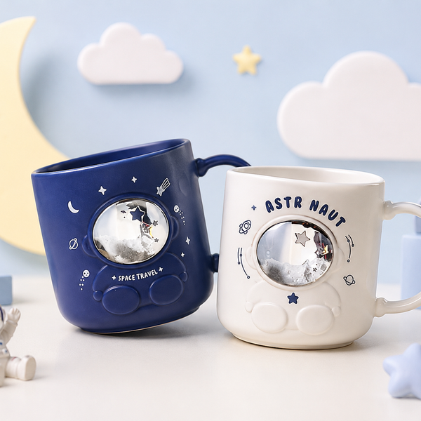 Cute Astronaut Space Theme Ceramic Mug for Kids | 3D Galaxy Coffee, Milk & Hot Chocolate Cup | Blue & White