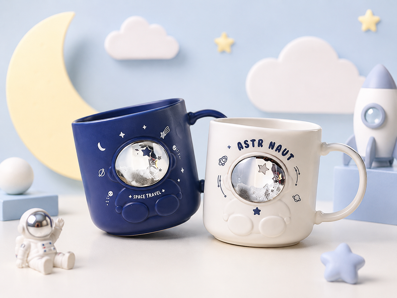 Cute Astronaut Space Theme Ceramic Mug for Kids | 3D Galaxy Coffee, Milk & Hot Chocolate Cup | Blue & White