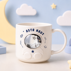 Cute Astronaut Space Theme Ceramic Mug for Kids | 3D Galaxy Coffee, Milk & Hot Chocolate Cup | Blue & White