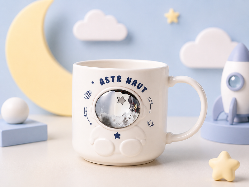 Cute Astronaut Space Theme Ceramic Mug for Kids | 3D Galaxy Coffee, Milk & Hot Chocolate Cup | Blue & White