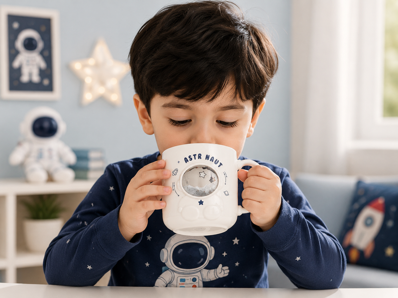 Cute Astronaut Space Theme Ceramic Mug for Kids | 3D Galaxy Coffee, Milk & Hot Chocolate Cup | Blue & White