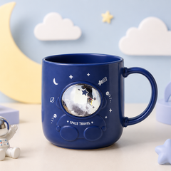 Cute Astronaut Space Theme Ceramic Mug for Kids | 3D Galaxy Coffee, Milk & Hot Chocolate Cup | Blue & White